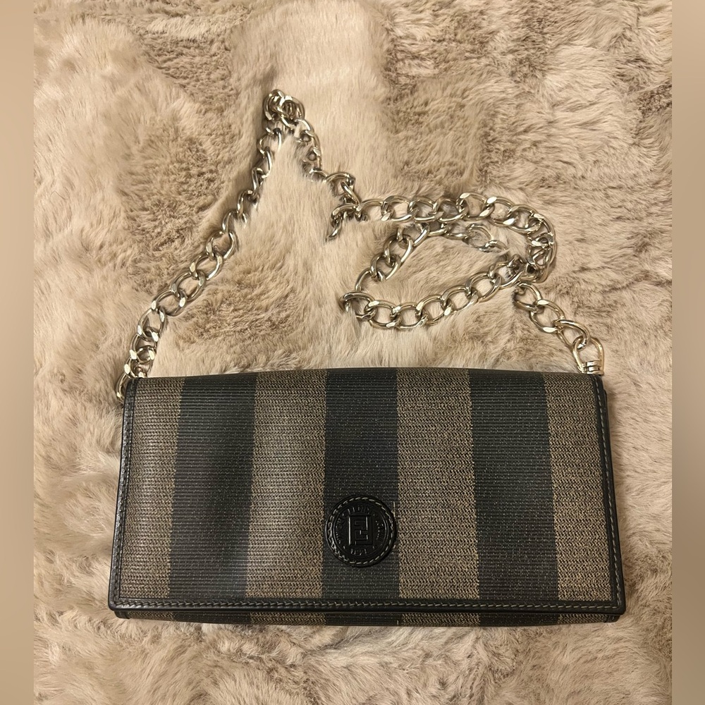 FENDI Striped Black and Tan Chain Shoulder Bag